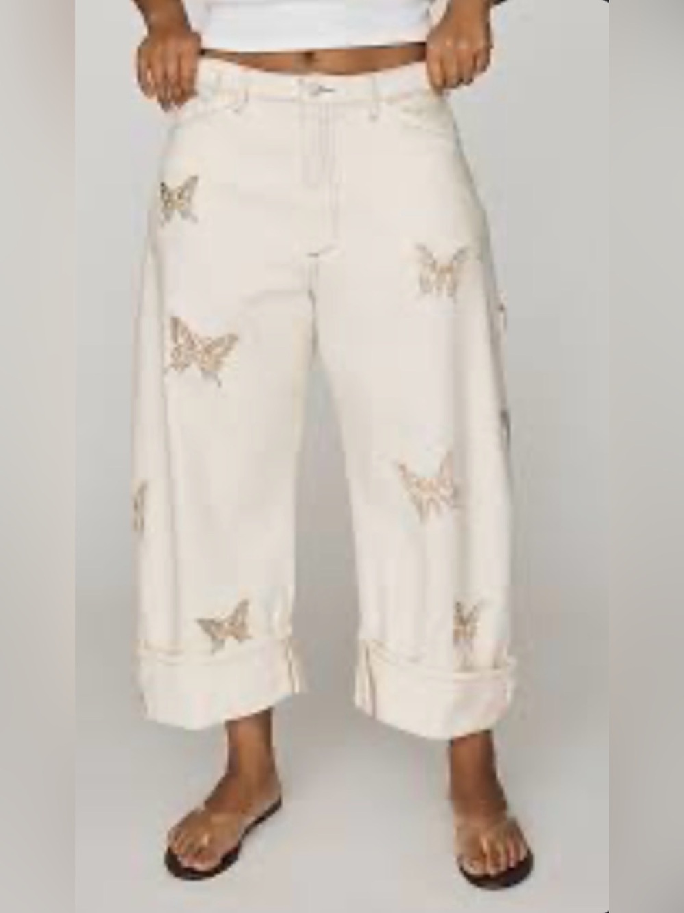 Anthropologie Cream Cropped Wide-Leg Jeans with Butterfly Embroidery